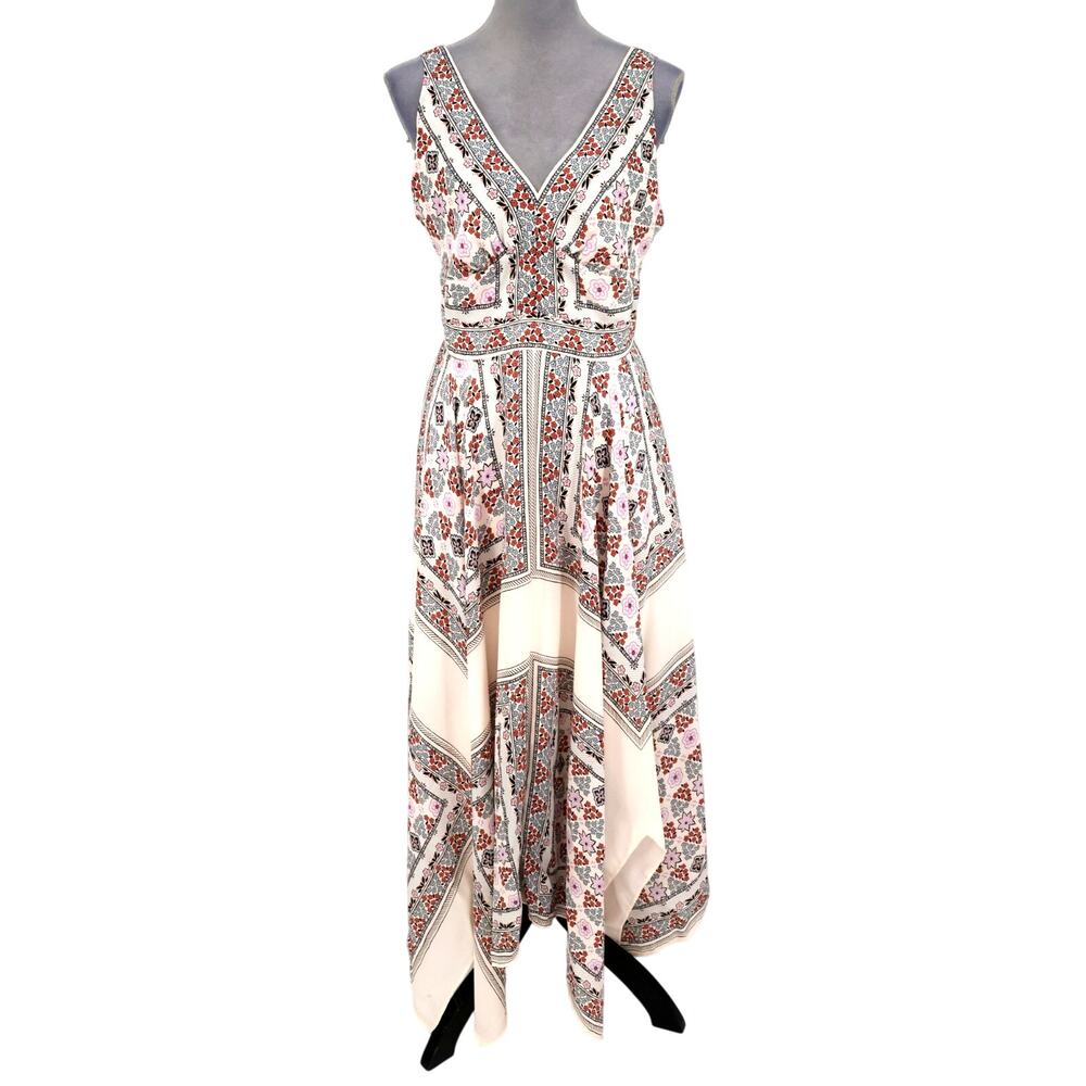 Ann Taylor Dress Womens 4 Ivory Red Floral Double V Neck Lined Maxi Beach Resort